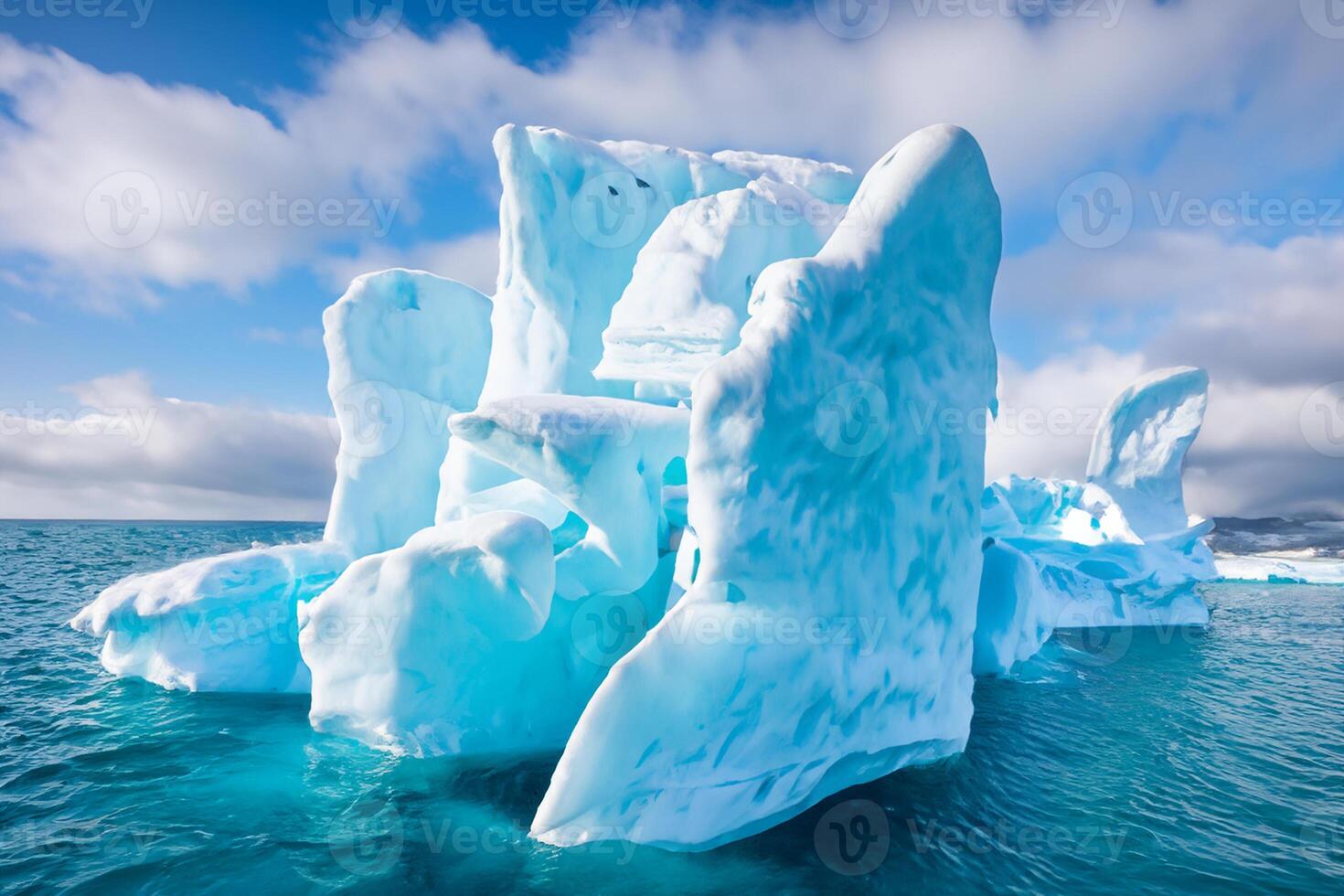 Majestic Ice Cliffs Crowned by a Cool Atmosphere, Framed by the Beautiful Sea and Sky, Conjuring a Harmonious Panorama of Nature's Icy Grandeur and Oceanic Splendor photo
