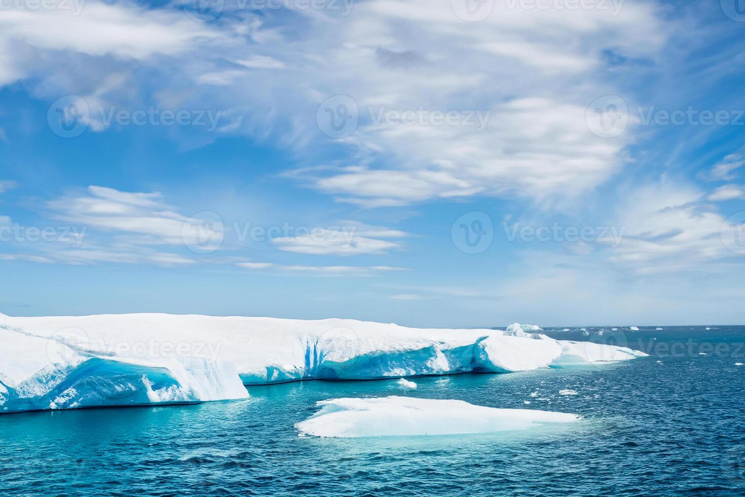 Majestic Ice Cliffs Crowned by a Cool Atmosphere, Framed by the Beautiful Sea and Sky, Conjuring a Harmonious Panorama of Nature's Icy Grandeur and Oceanic Splendor photo