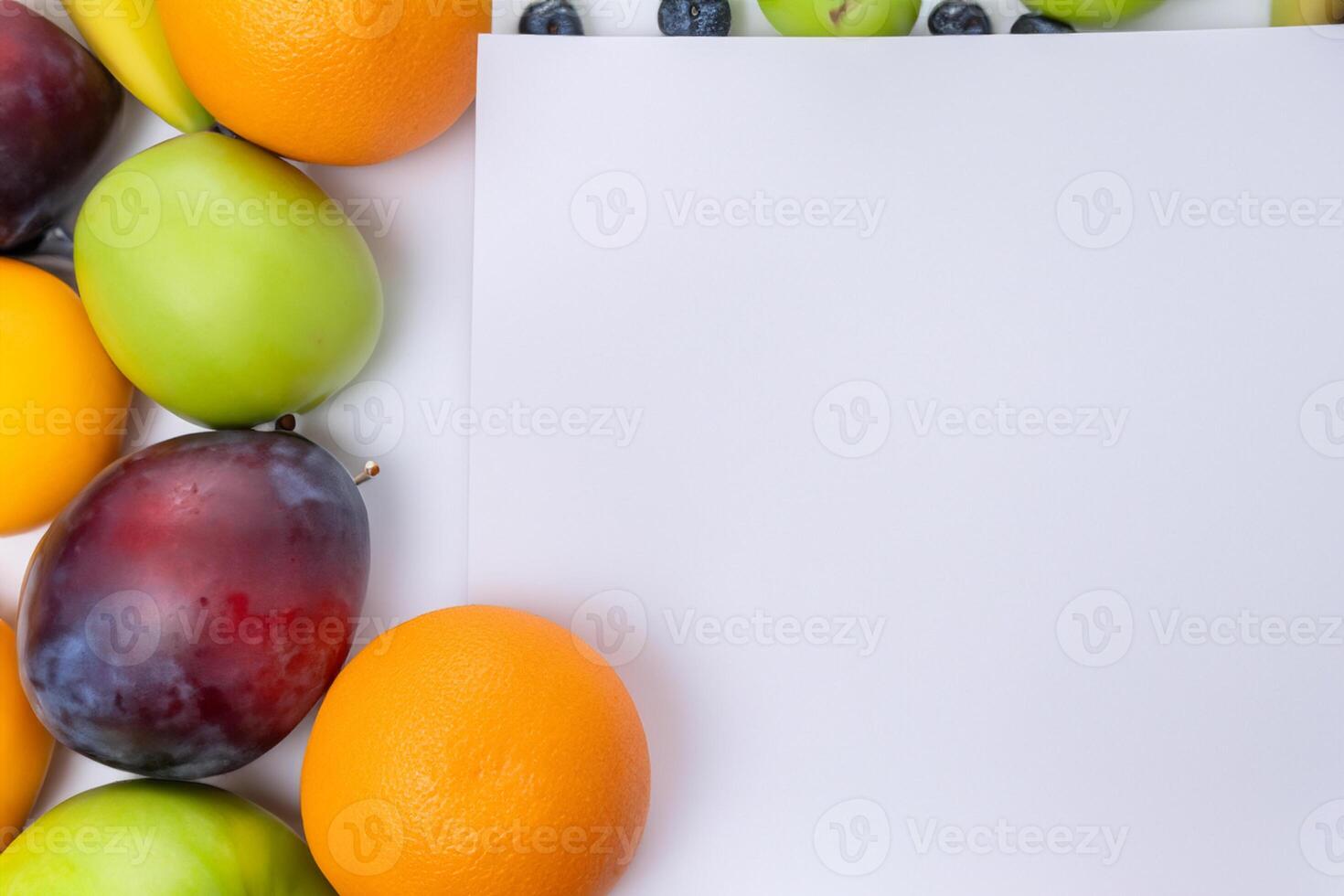 Card and White Paper Mockup Harmonized with Fresh Fruit, Crafting a Visual Symphony of Artful Design and Culinary Delight, Where Wholesome Ingredients Merge in a Feast of Vibrant Imagery photo