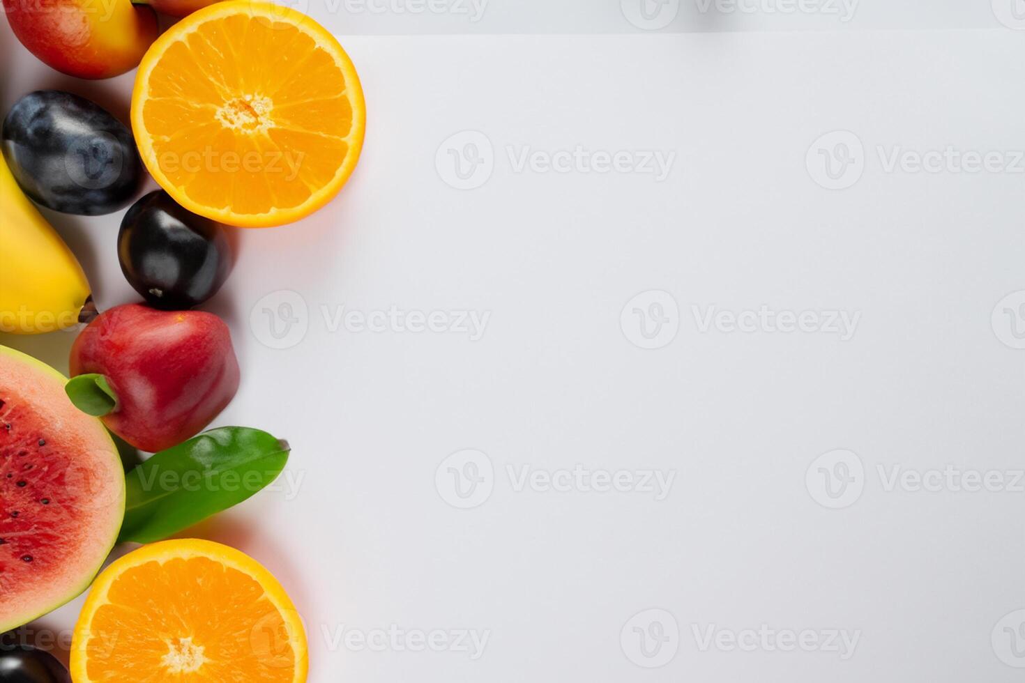 Card and White Paper Mockup Harmonized with Fresh Fruit, Crafting a Visual Symphony of Artful Design and Culinary Delight, Where Wholesome Ingredients Merge in a Feast of Vibrant Imagery photo