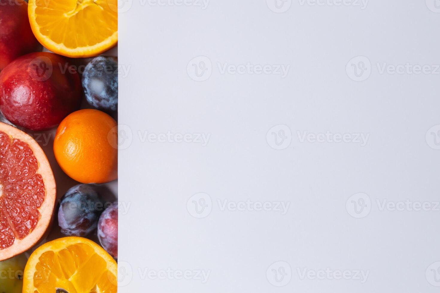 Card and White Paper Mockup Harmonized with Fresh Fruit, Crafting a Visual Symphony of Artful Design and Culinary Delight, Where Wholesome Ingredients Merge in a Feast of Vibrant Imagery photo