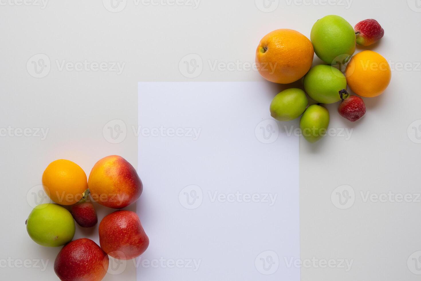 Card and White Paper Mockup Harmonized with Fresh Fruit, Crafting a Visual Symphony of Artful Design and Culinary Delight, Where Wholesome Ingredients Merge in a Feast of Vibrant Imagery photo