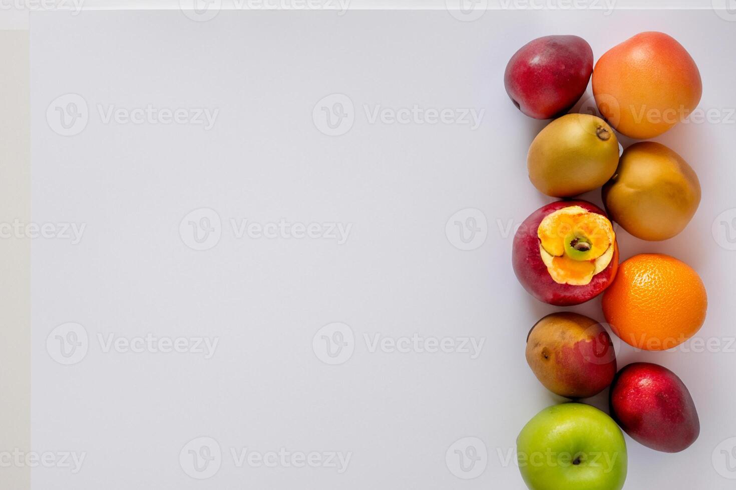 Card and White Paper Mockup Harmonized with Fresh Fruit, Crafting a Visual Symphony of Artful Design and Culinary Delight, Where Wholesome Ingredients Merge in a Feast of Vibrant Imagery photo