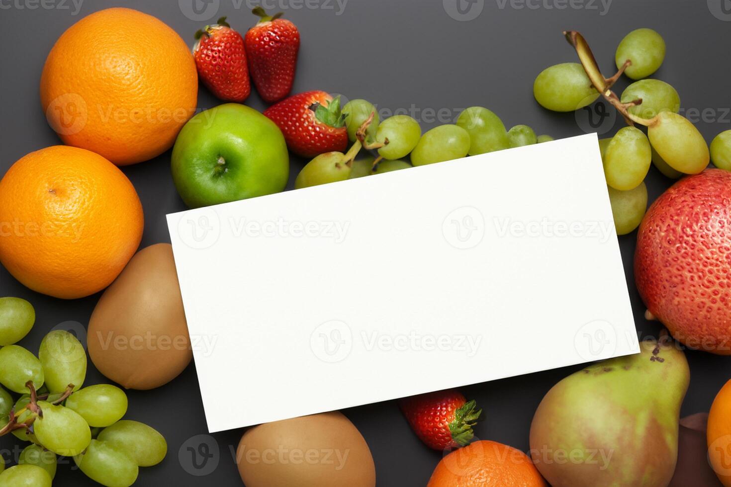 tarjeta y blanco papel Bosquejo armonizado con Fresco fruta, elaboración un visual sinfonía de ingenioso diseño y culinario deleitar, dónde saludable ingredientes unir en un banquete de vibrante imágenes foto