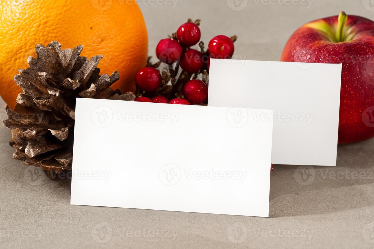 Card and White Paper Mockup Harmonized with Fresh Fruit, Crafting a Visual Symphony of Artful Design and Culinary Delight, Where Wholesome Ingredients Merge in a Feast of Vibrant Imagery photo