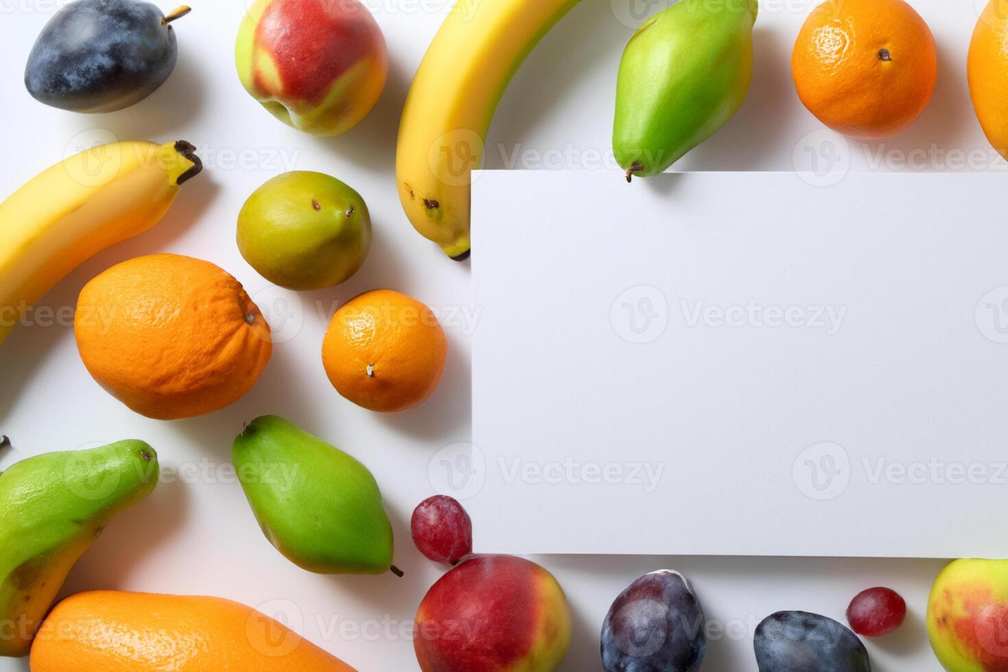 Card and White Paper Mockup Harmonized with Fresh Fruit, Crafting a Visual Symphony of Artful Design and Culinary Delight, Where Wholesome Ingredients Merge in a Feast of Vibrant Imagery photo