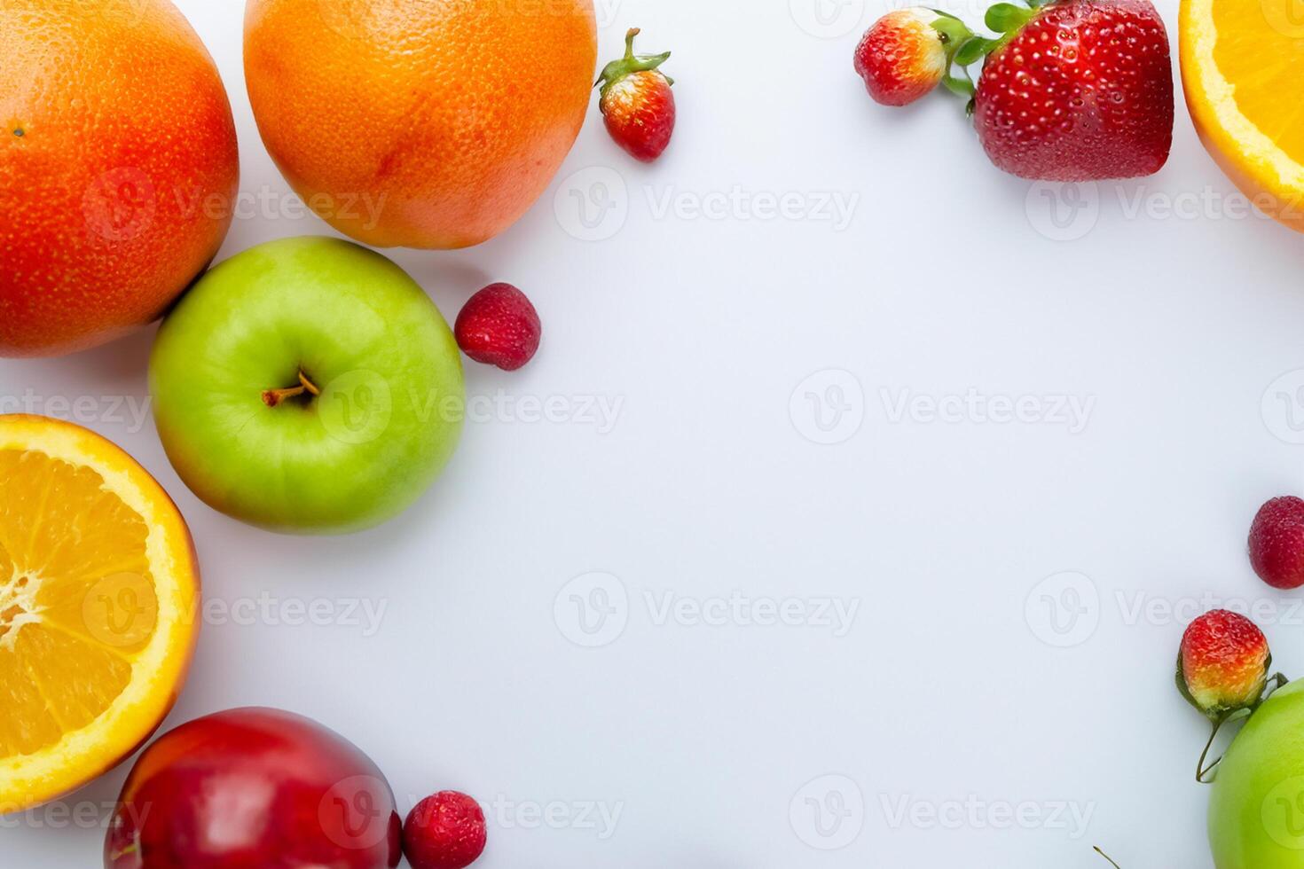 Card and White Paper Mockup Harmonized with Fresh Fruit, Crafting a Visual Symphony of Artful Design and Culinary Delight, Where Wholesome Ingredients Merge in a Feast of Vibrant Imagery photo