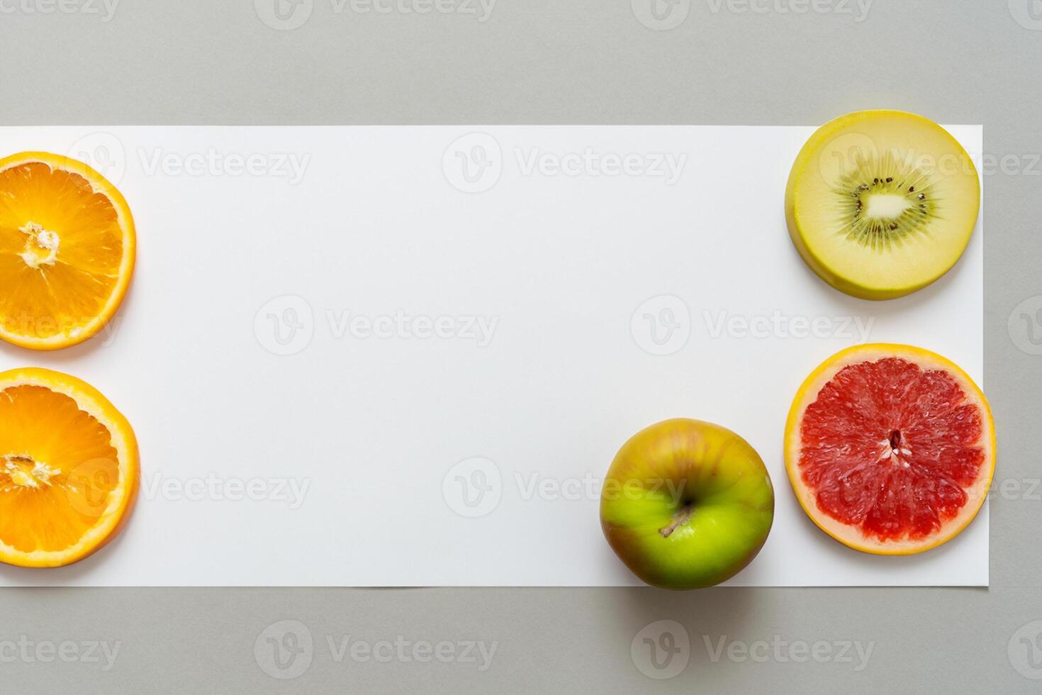 Card and White Paper Mockup Harmonized with Fresh Fruit, Crafting a Visual Symphony of Artful Design and Culinary Delight, Where Wholesome Ingredients Merge in a Feast of Vibrant Imagery photo