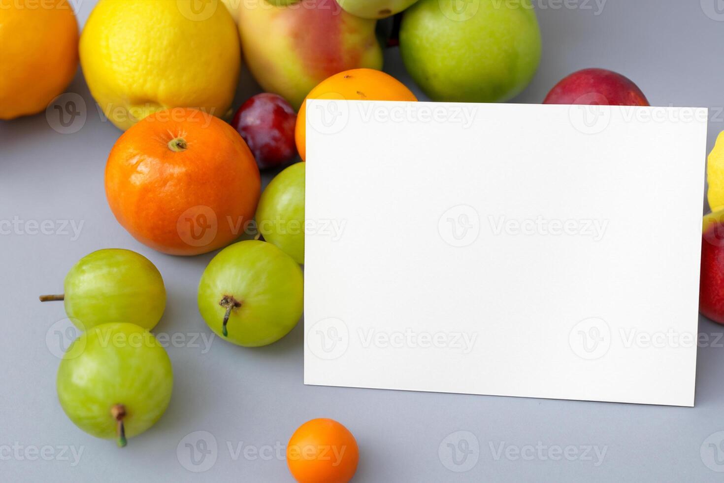 Card and White Paper Mockup Harmonized with Fresh Fruit, Crafting a Visual Symphony of Artful Design and Culinary Delight, Where Wholesome Ingredients Merge in a Feast of Vibrant Imagery photo