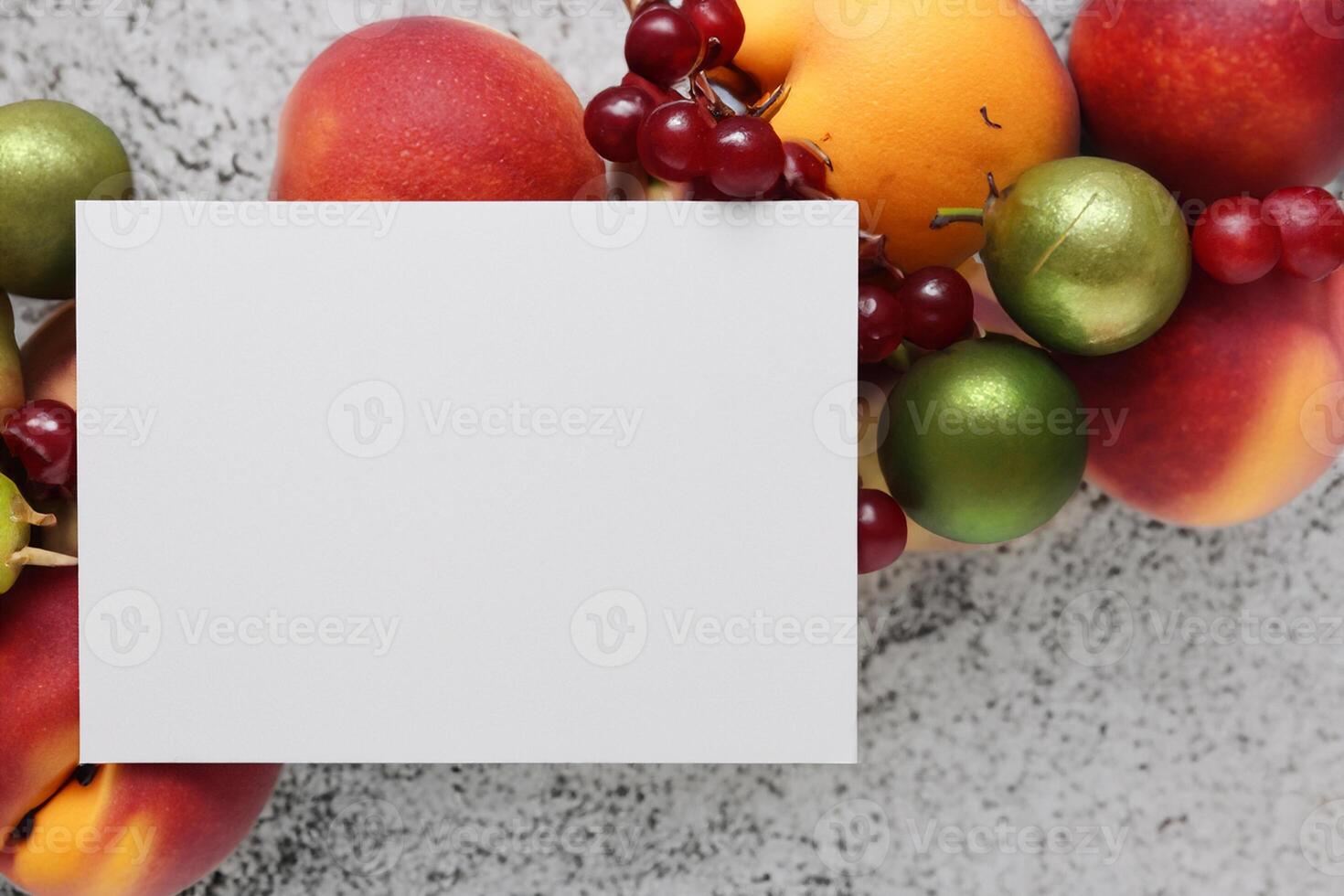 Card and White Paper Mockup Harmonized with Fresh Fruit, Crafting a Visual Symphony of Artful Design and Culinary Delight, Where Wholesome Ingredients Merge in a Feast of Vibrant Imagery photo