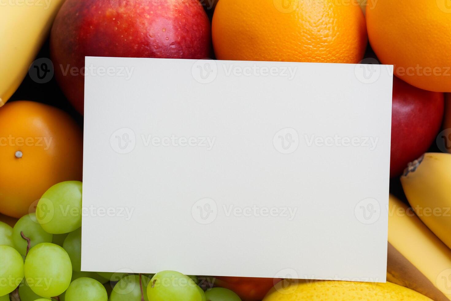 Card and White Paper Mockup Harmonized with Fresh Fruit, Crafting a Visual Symphony of Artful Design and Culinary Delight, Where Wholesome Ingredients Merge in a Feast of Vibrant Imagery photo