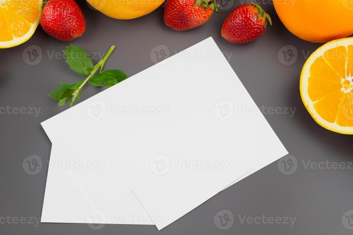 Card and White Paper Mockup Harmonized with Fresh Fruit, Crafting a Visual Symphony of Artful Design and Culinary Delight, Where Wholesome Ingredients Merge in a Feast of Vibrant Imagery photo