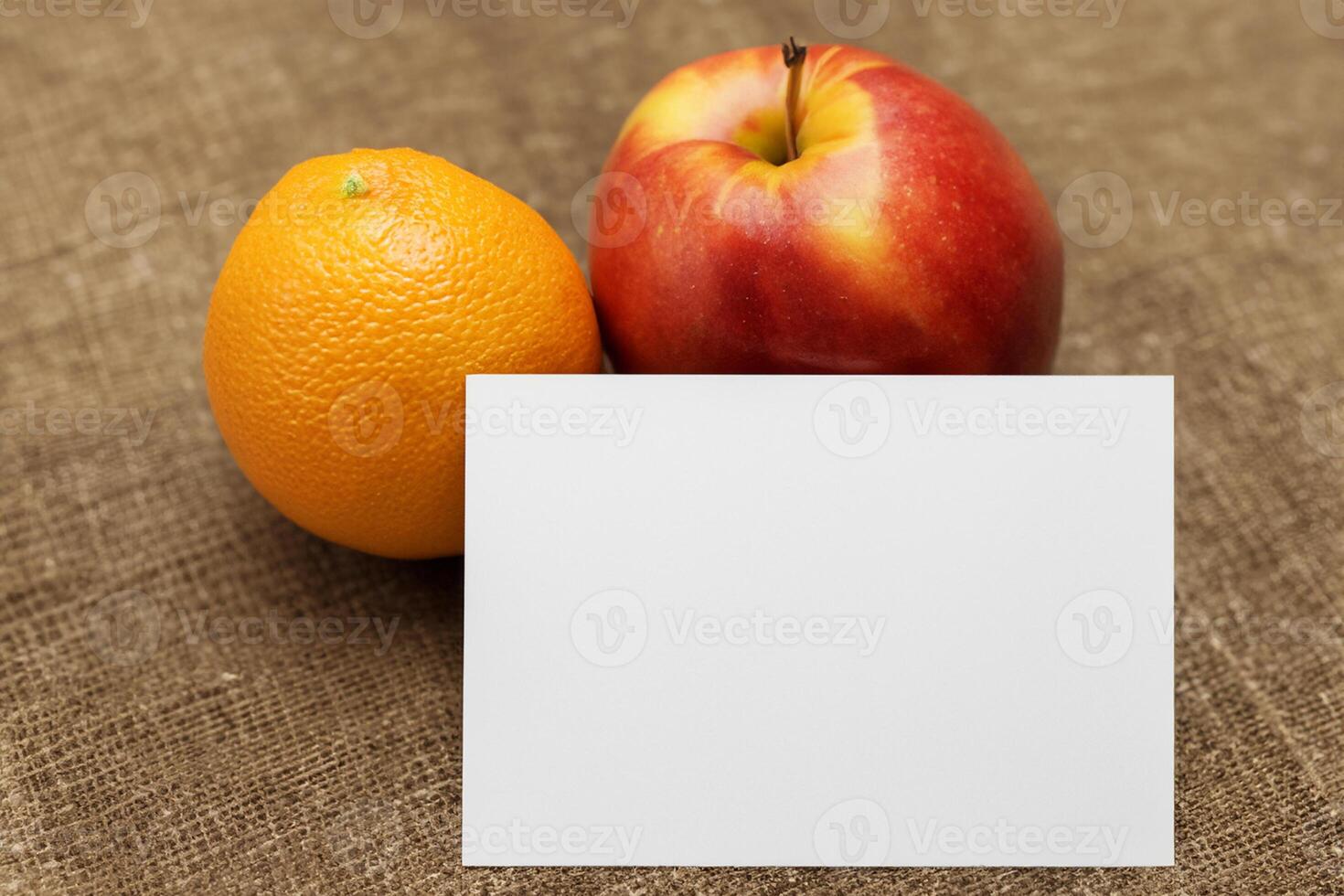 Card and White Paper Mockup Harmonized with Fresh Fruit, Crafting a Visual Symphony of Artful Design and Culinary Delight, Where Wholesome Ingredients Merge in a Feast of Vibrant Imagery photo