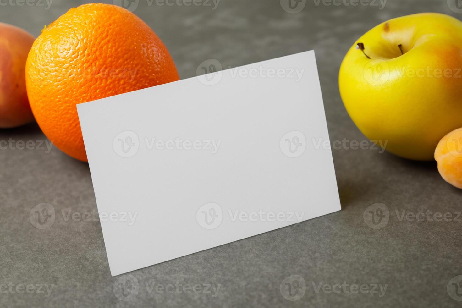 Card and White Paper Mockup Harmonized with Fresh Fruit, Crafting a Visual Symphony of Artful Design and Culinary Delight, Where Wholesome Ingredients Merge in a Feast of Vibrant Imagery photo