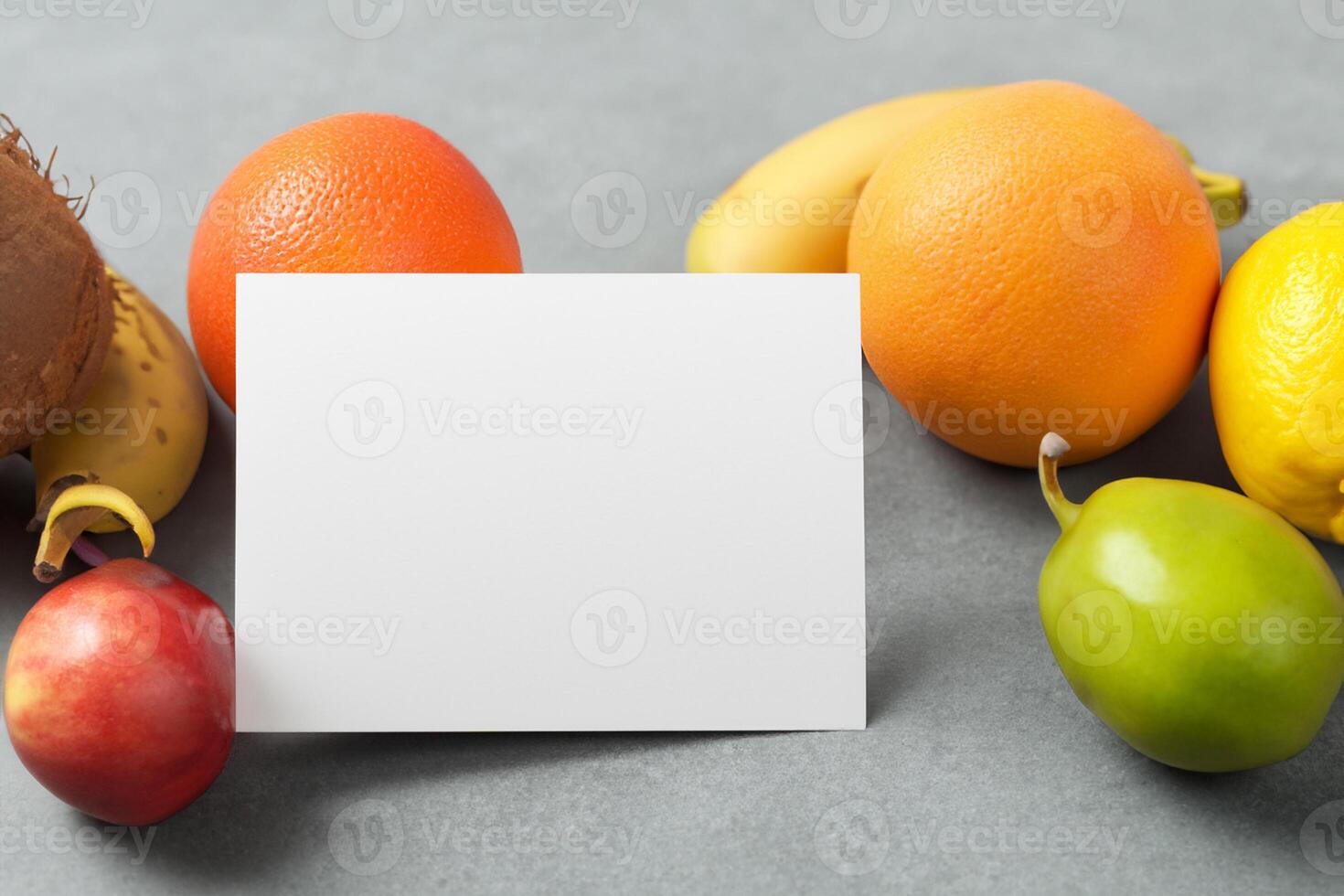 Card and White Paper Mockup Harmonized with Fresh Fruit, Crafting a Visual Symphony of Artful Design and Culinary Delight, Where Wholesome Ingredients Merge in a Feast of Vibrant Imagery photo