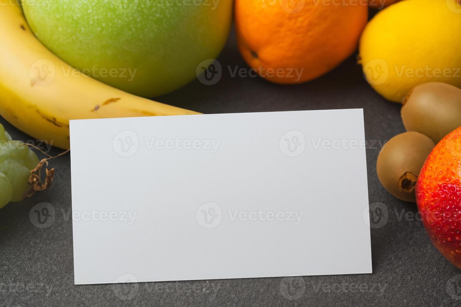 Card and White Paper Mockup Harmonized with Fresh Fruit, Crafting a Visual Symphony of Artful Design and Culinary Delight, Where Wholesome Ingredients Merge in a Feast of Vibrant Imagery photo