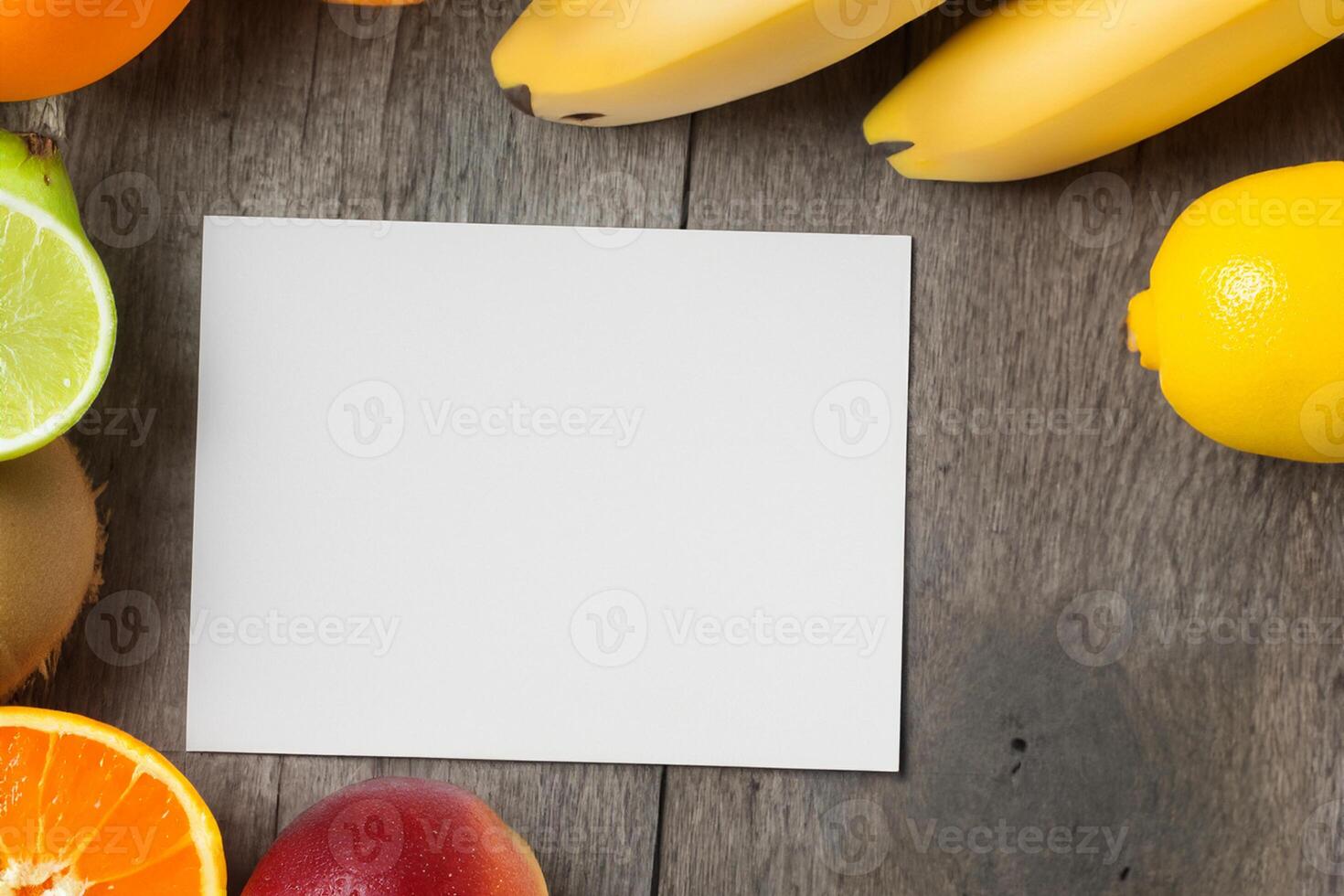 Card and White Paper Mockup Harmonized with Fresh Fruit, Crafting a Visual Symphony of Artful Design and Culinary Delight, Where Wholesome Ingredients Merge in a Feast of Vibrant Imagery photo