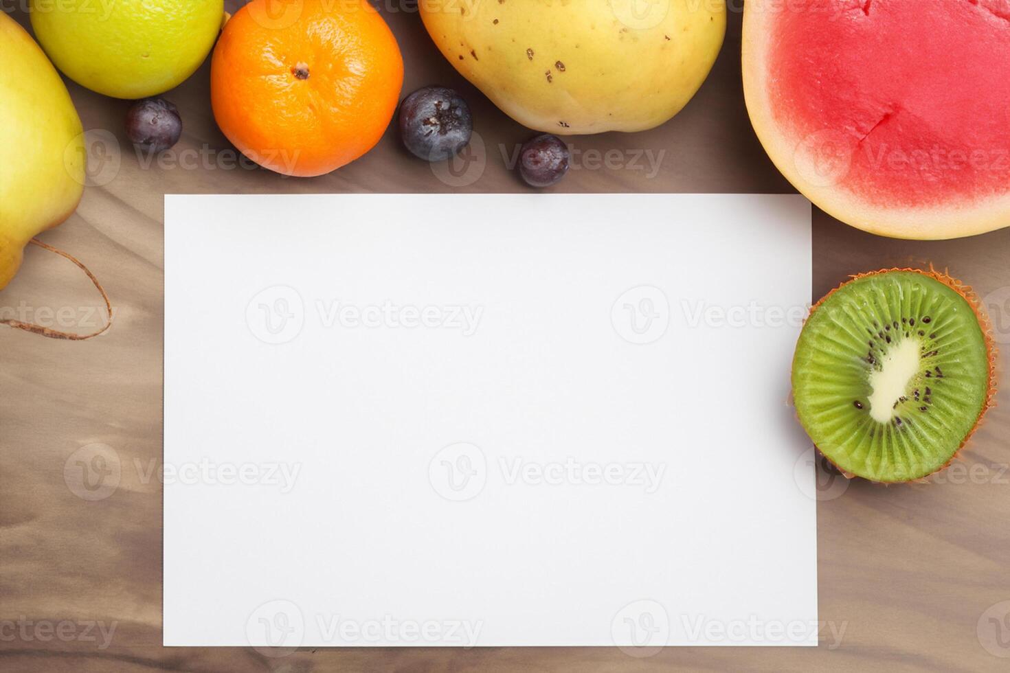 Card and White Paper Mockup Harmonized with Fresh Fruit, Crafting a Visual Symphony of Artful Design and Culinary Delight, Where Wholesome Ingredients Merge in a Feast of Vibrant Imagery photo