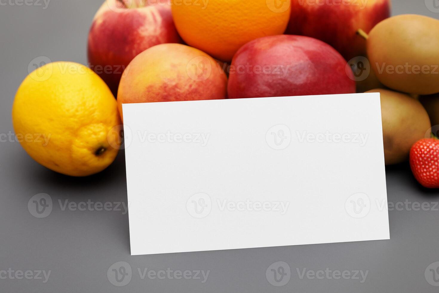 tarjeta y blanco papel Bosquejo armonizado con Fresco fruta, elaboración un visual sinfonía de ingenioso diseño y culinario deleitar, dónde saludable ingredientes unir en un banquete de vibrante imágenes foto