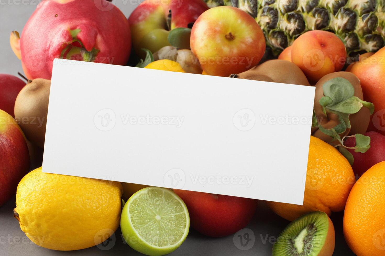 Card and White Paper Mockup Harmonized with Fresh Fruit, Crafting a Visual Symphony of Artful Design and Culinary Delight, Where Wholesome Ingredients Merge in a Feast of Vibrant Imagery photo