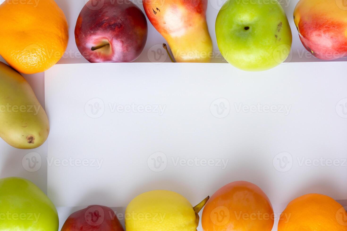 Card and White Paper Mockup Harmonized with Fresh Fruit, Crafting a Visual Symphony of Artful Design and Culinary Delight, Where Wholesome Ingredients Merge in a Feast of Vibrant Imagery photo