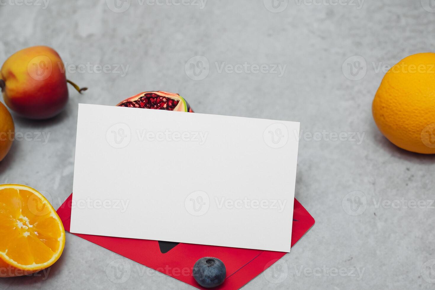 Card and White Paper Mockup Harmonized with Fresh Fruit, Crafting a Visual Symphony of Artful Design and Culinary Delight, Where Wholesome Ingredients Merge in a Feast of Vibrant Imagery photo