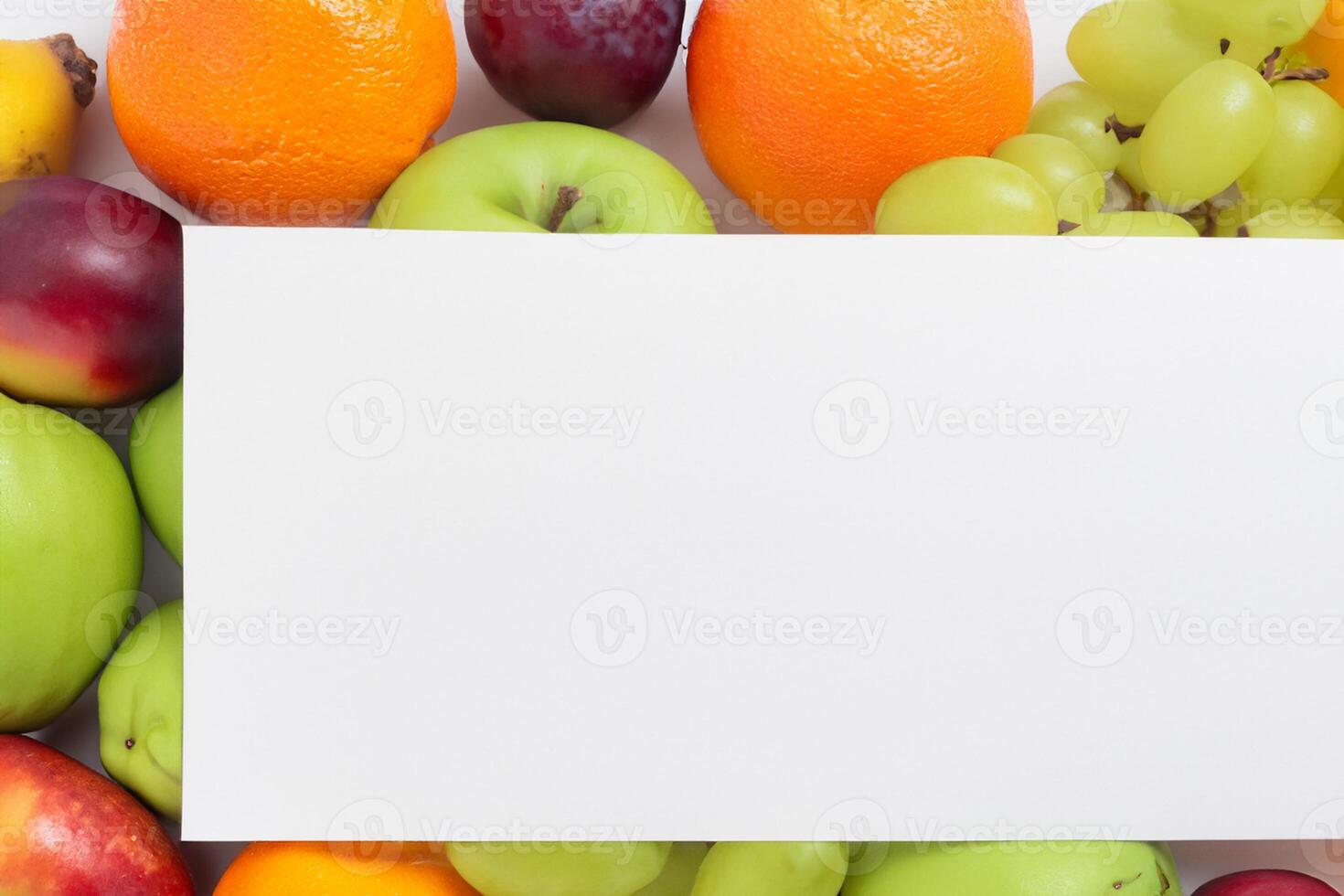 tarjeta y blanco papel Bosquejo armonizado con Fresco fruta, elaboración un visual sinfonía de ingenioso diseño y culinario deleitar, dónde saludable ingredientes unir en un banquete de vibrante imágenes foto