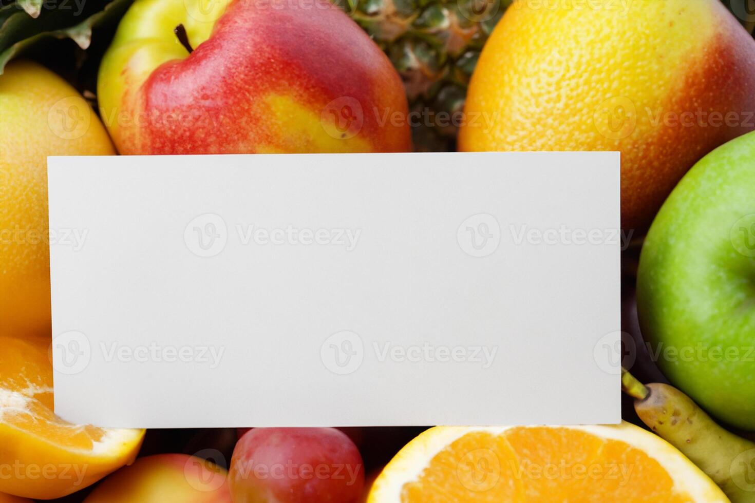 tarjeta y blanco papel Bosquejo armonizado con Fresco fruta, elaboración un visual sinfonía de ingenioso diseño y culinario deleitar, dónde saludable ingredientes unir en un banquete de vibrante imágenes foto