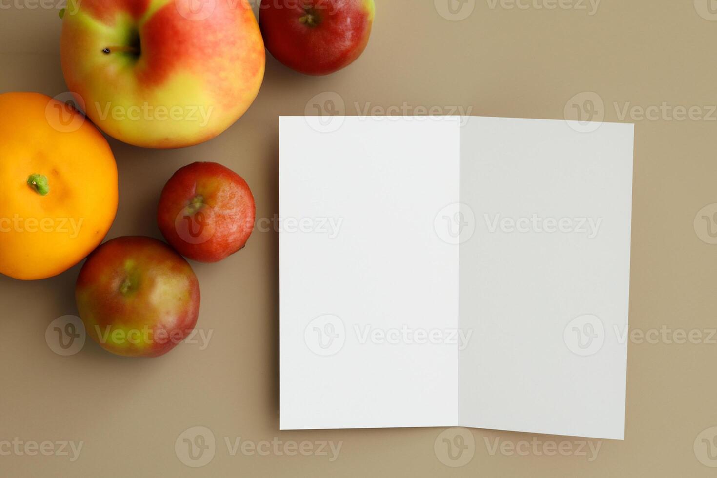 Card and White Paper Mockup Harmonized with Fresh Fruit, Crafting a Visual Symphony of Artful Design and Culinary Delight, Where Wholesome Ingredients Merge in a Feast of Vibrant Imagery photo