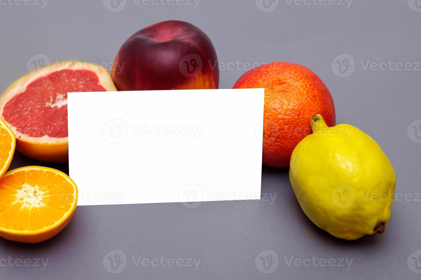 Card and White Paper Mockup Harmonized with Fresh Fruit, Crafting a Visual Symphony of Artful Design and Culinary Delight, Where Wholesome Ingredients Merge in a Feast of Vibrant Imagery photo