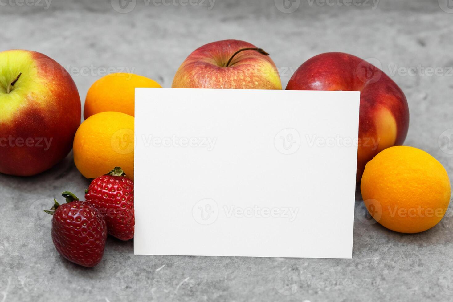 Card and White Paper Mockup Harmonized with Fresh Fruit, Crafting a Visual Symphony of Artful Design and Culinary Delight, Where Wholesome Ingredients Merge in a Feast of Vibrant Imagery photo