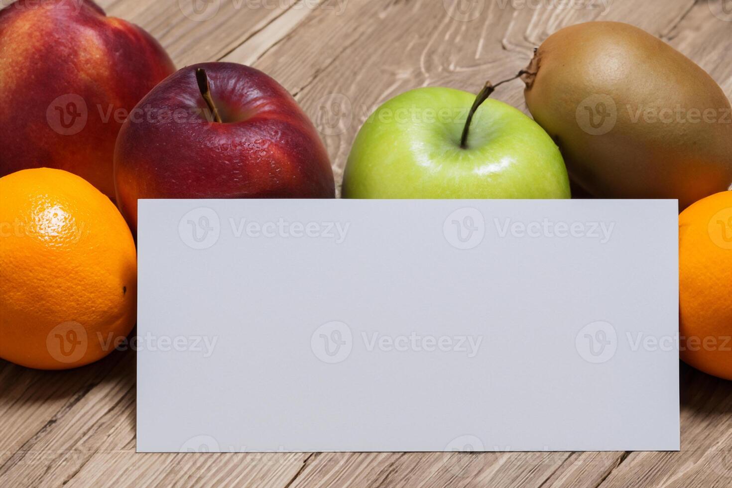 Card and White Paper Mockup Harmonized with Fresh Fruit, Crafting a Visual Symphony of Artful Design and Culinary Delight, Where Wholesome Ingredients Merge in a Feast of Vibrant Imagery photo