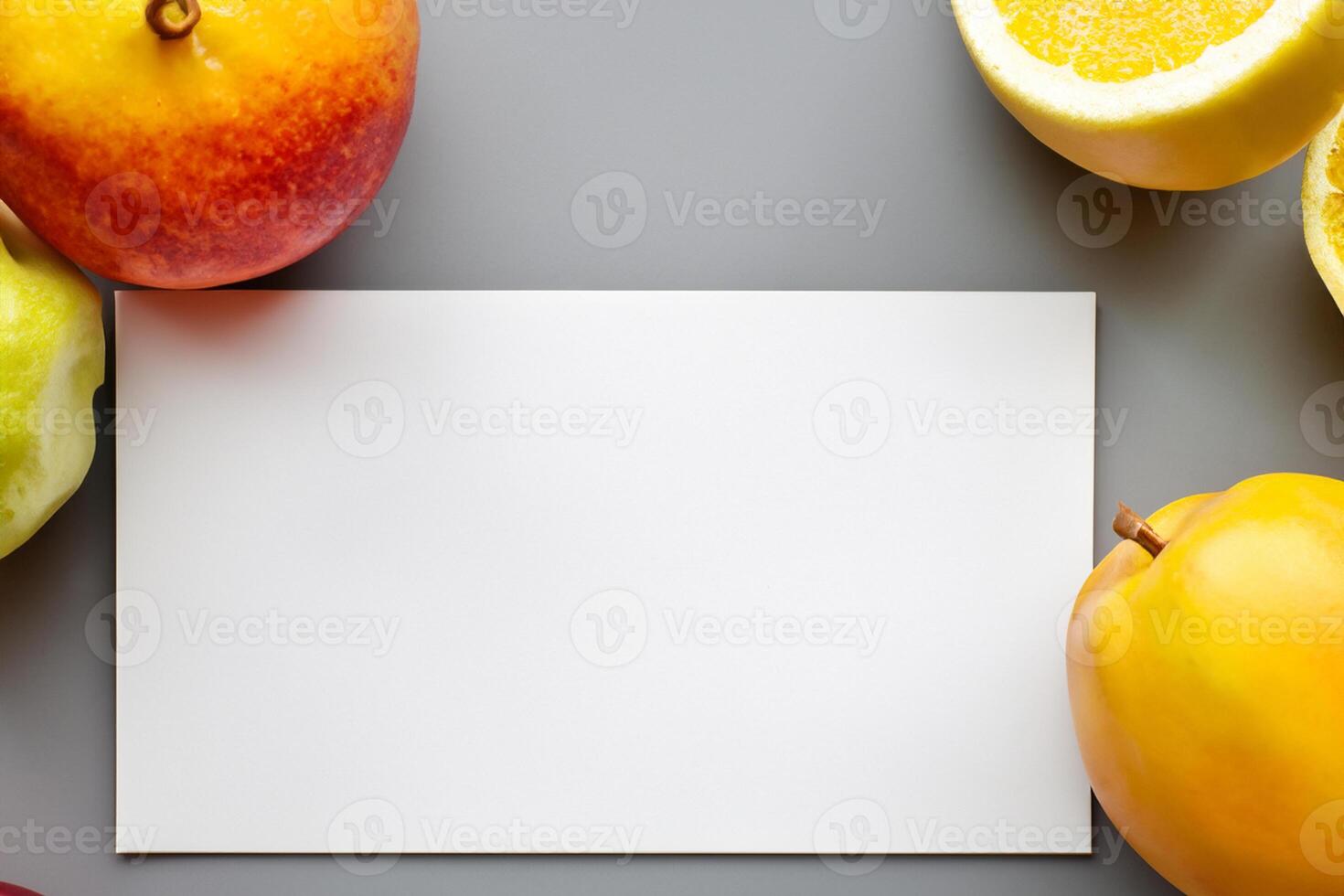 Card and White Paper Mockup Harmonized with Fresh Fruit, Crafting a Visual Symphony of Artful Design and Culinary Delight, Where Wholesome Ingredients Merge in a Feast of Vibrant Imagery photo