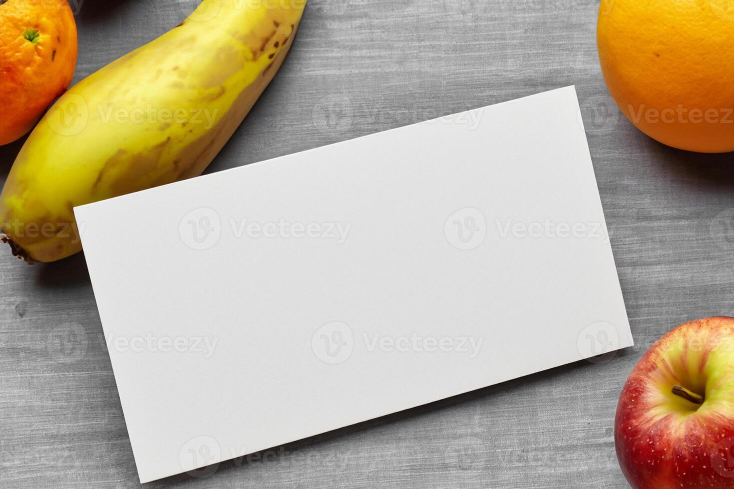 Card and White Paper Mockup Harmonized with Fresh Fruit, Crafting a Visual Symphony of Artful Design and Culinary Delight, Where Wholesome Ingredients Merge in a Feast of Vibrant Imagery photo