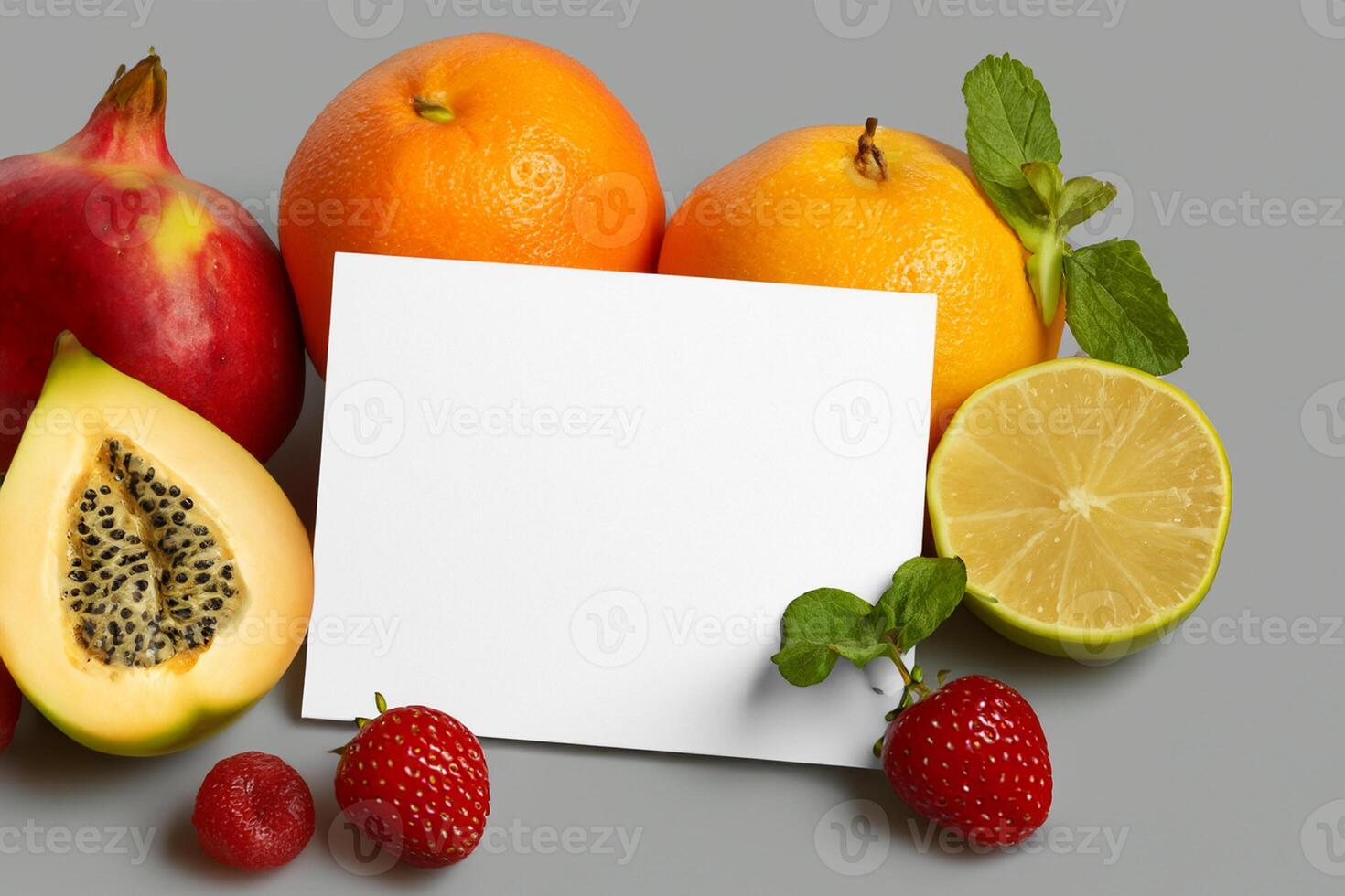 Card and White Paper Mockup Harmonized with Fresh Fruit, Crafting a Visual Symphony of Artful Design and Culinary Delight, Where Wholesome Ingredients Merge in a Feast of Vibrant Imagery photo