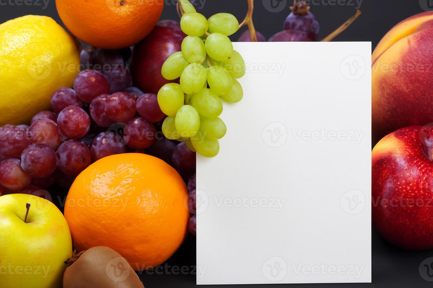 Card and White Paper Mockup Harmonized with Fresh Fruit, Crafting a Visual Symphony of Artful Design and Culinary Delight, Where Wholesome Ingredients Merge in a Feast of Vibrant Imagery photo