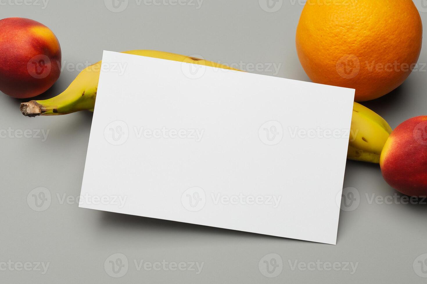 Card and White Paper Mockup Harmonized with Fresh Fruit, Crafting a Visual Symphony of Artful Design and Culinary Delight, Where Wholesome Ingredients Merge in a Feast of Vibrant Imagery photo