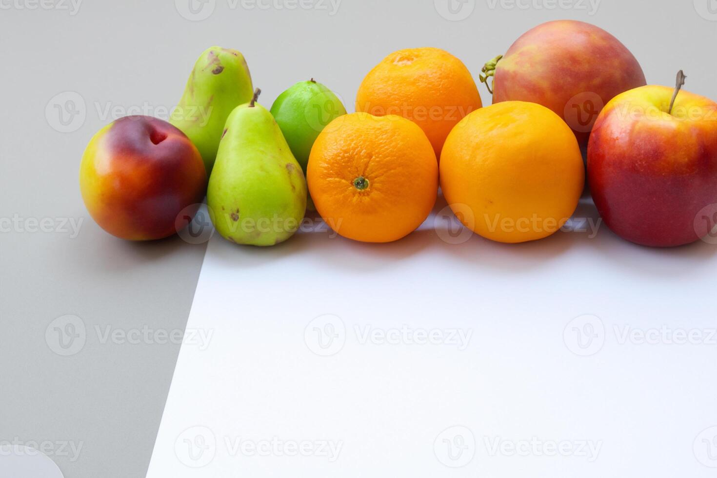 Card and White Paper Mockup Harmonized with Fresh Fruit, Crafting a Visual Symphony of Artful Design and Culinary Delight, Where Wholesome Ingredients Merge in a Feast of Vibrant Imagery photo