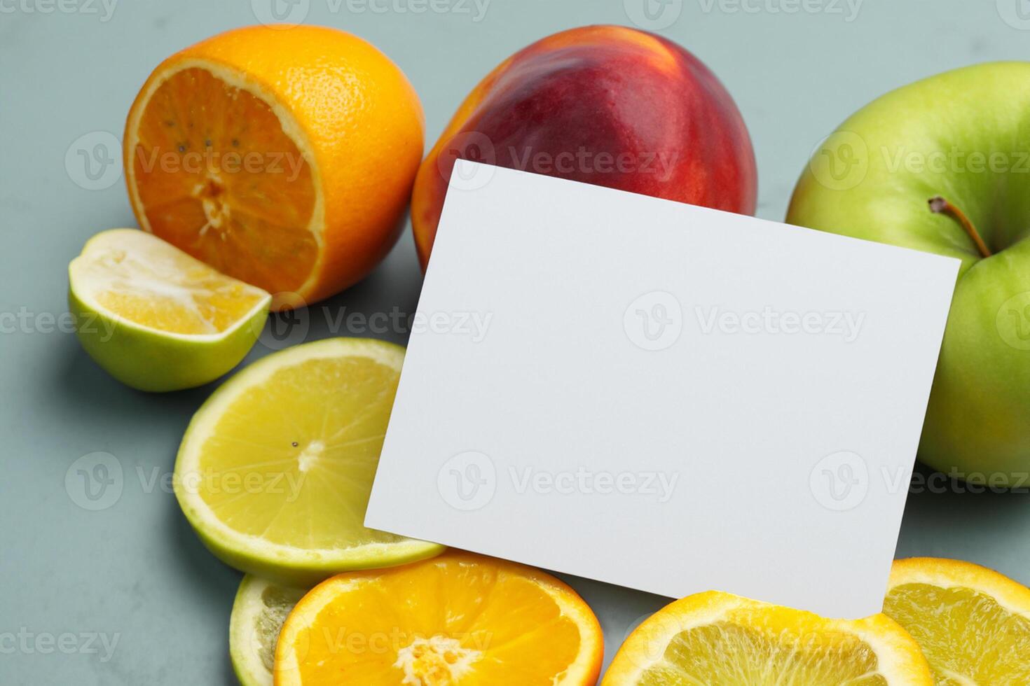 Card and White Paper Mockup Harmonized with Fresh Fruit, Crafting a Visual Symphony of Artful Design and Culinary Delight, Where Wholesome Ingredients Merge in a Feast of Vibrant Imagery photo