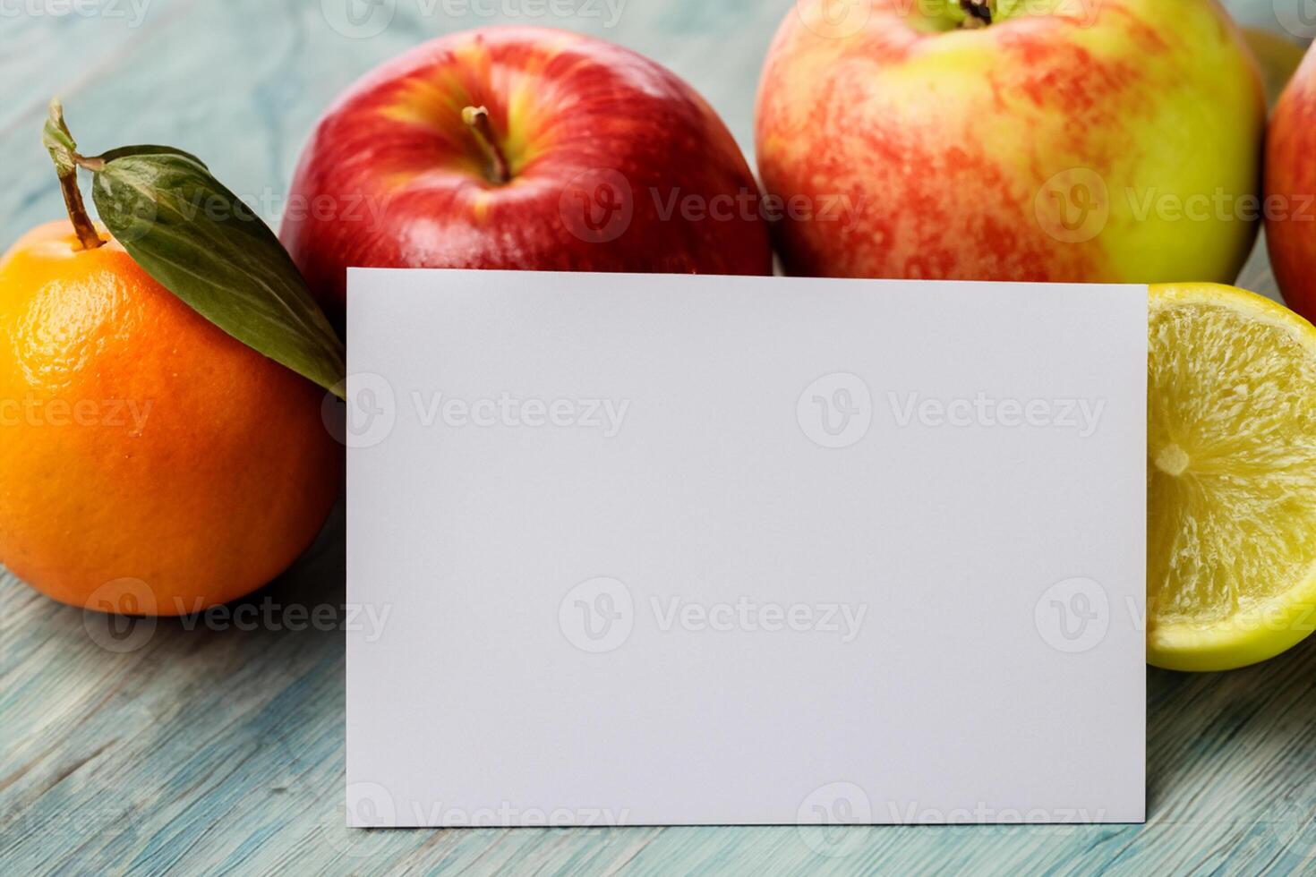 Card and White Paper Mockup Harmonized with Fresh Fruit, Crafting a Visual Symphony of Artful Design and Culinary Delight, Where Wholesome Ingredients Merge in a Feast of Vibrant Imagery photo