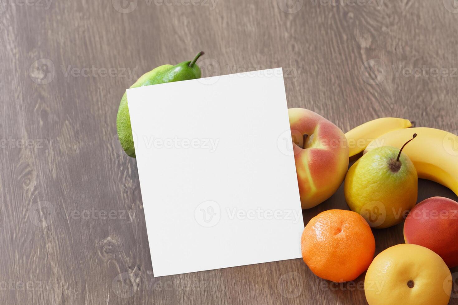 tarjeta y blanco papel Bosquejo armonizado con Fresco fruta, elaboración un visual sinfonía de ingenioso diseño y culinario deleitar, dónde saludable ingredientes unir en un banquete de vibrante imágenes foto