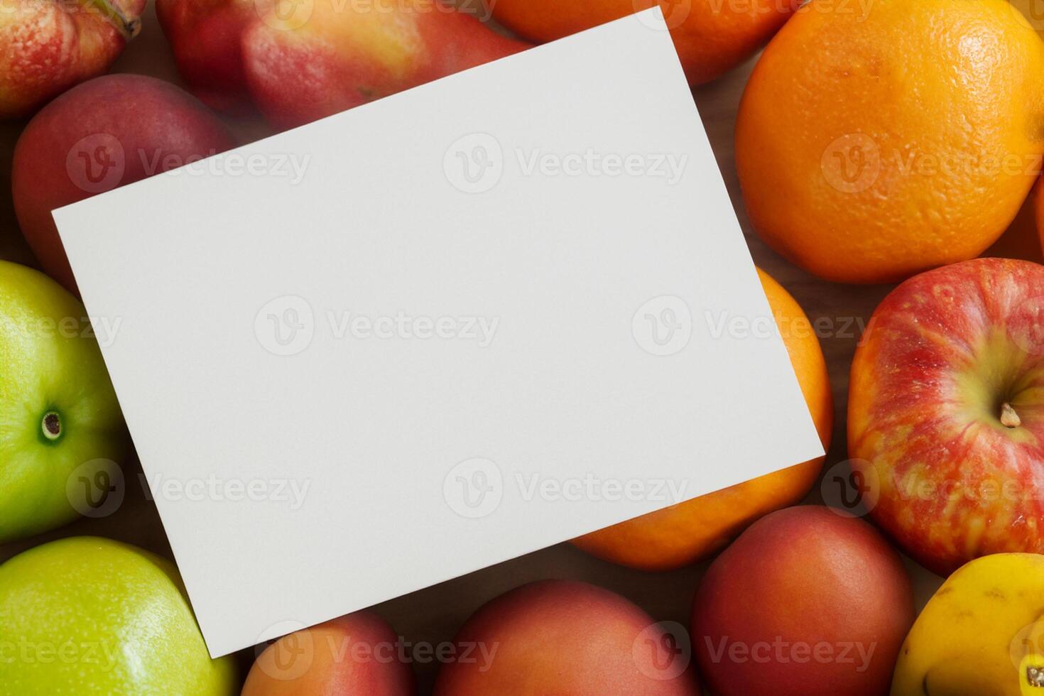 Card and White Paper Mockup Harmonized with Fresh Fruit, Crafting a Visual Symphony of Artful Design and Culinary Delight, Where Wholesome Ingredients Merge in a Feast of Vibrant Imagery photo