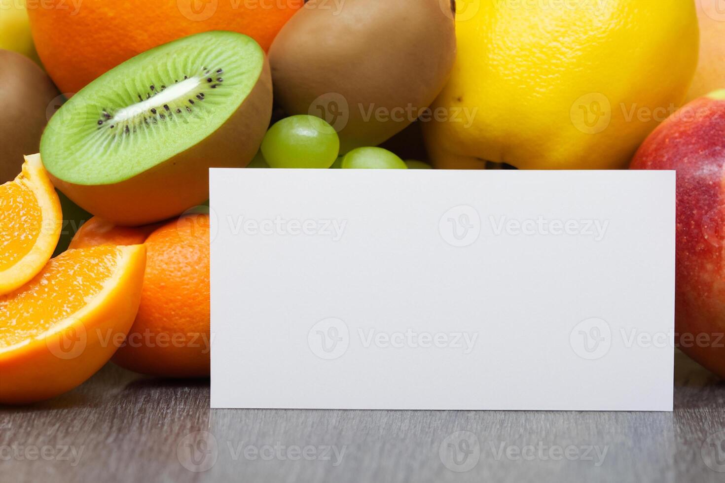 Card and White Paper Mockup Harmonized with Fresh Fruit, Crafting a Visual Symphony of Artful Design and Culinary Delight, Where Wholesome Ingredients Merge in a Feast of Vibrant Imagery photo