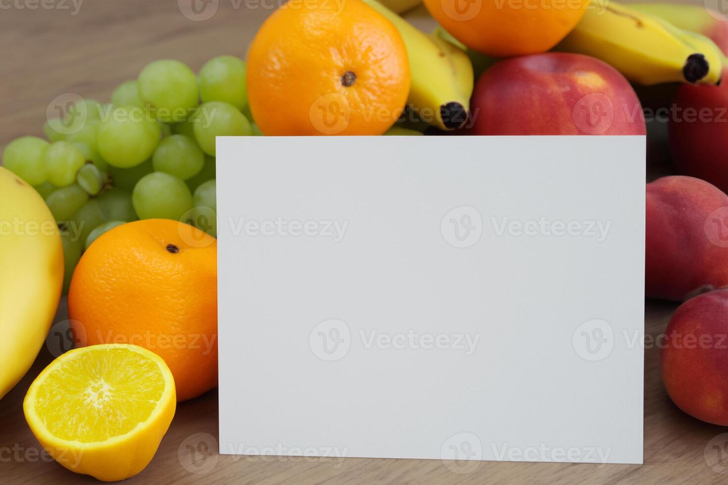 Card and White Paper Mockup Harmonized with Fresh Fruit, Crafting a Visual Symphony of Artful Design and Culinary Delight, Where Wholesome Ingredients Merge in a Feast of Vibrant Imagery photo