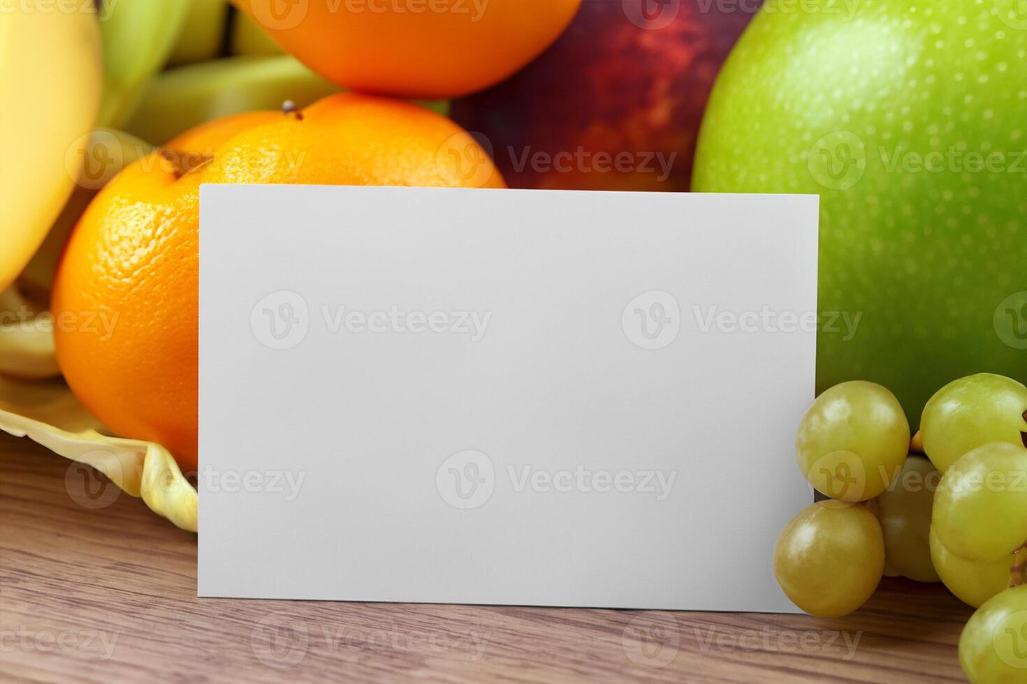 Card and White Paper Mockup Harmonized with Fresh Fruit, Crafting a Visual Symphony of Artful Design and Culinary Delight, Where Wholesome Ingredients Merge in a Feast of Vibrant Imagery photo