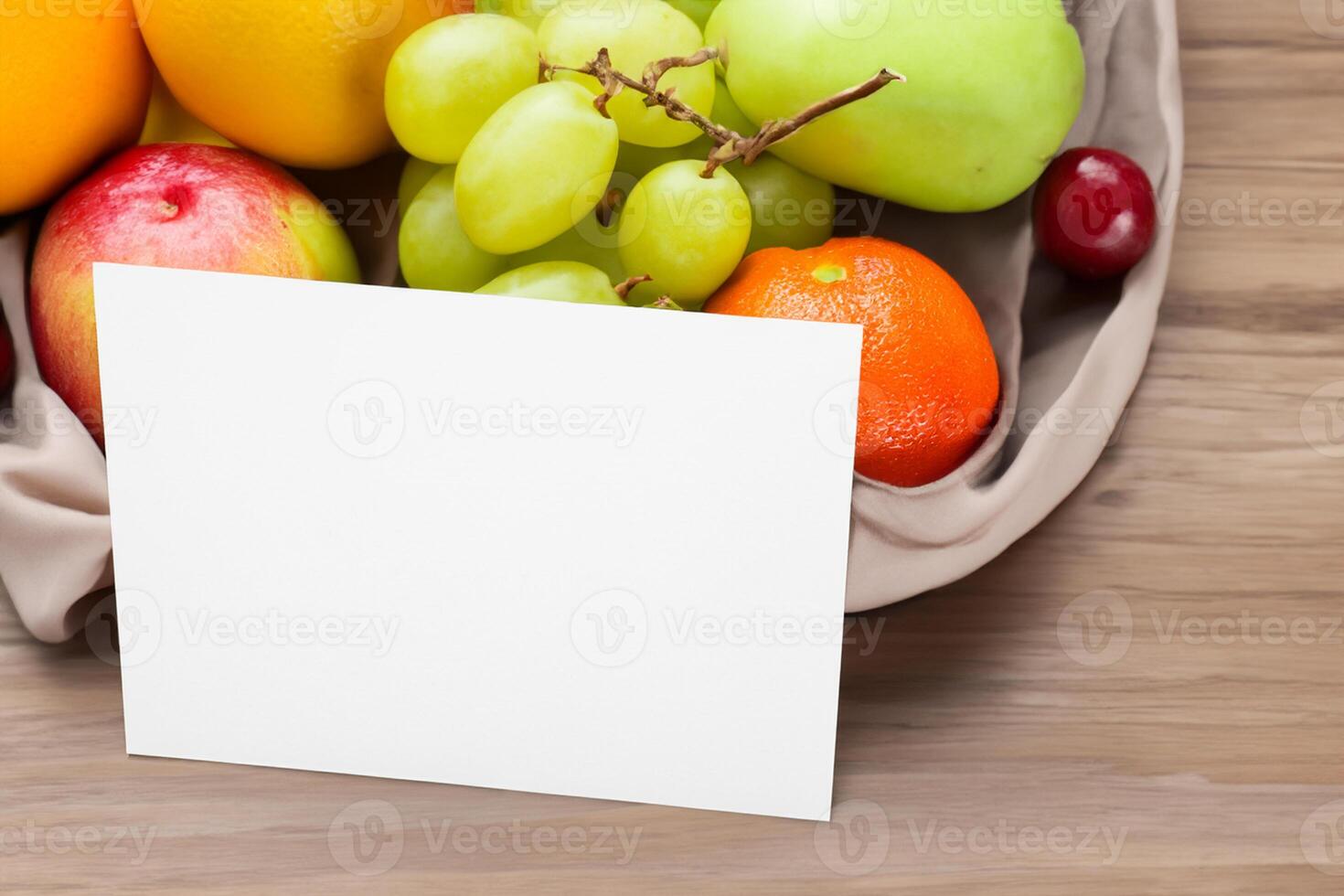 Card and White Paper Mockup Harmonized with Fresh Fruit, Crafting a Visual Symphony of Artful Design and Culinary Delight, Where Wholesome Ingredients Merge in a Feast of Vibrant Imagery photo