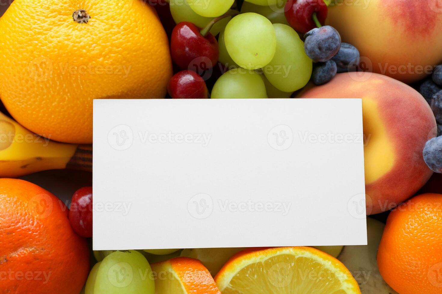 Card and White Paper Mockup Harmonized with Fresh Fruit, Crafting a Visual Symphony of Artful Design and Culinary Delight, Where Wholesome Ingredients Merge in a Feast of Vibrant Imagery photo