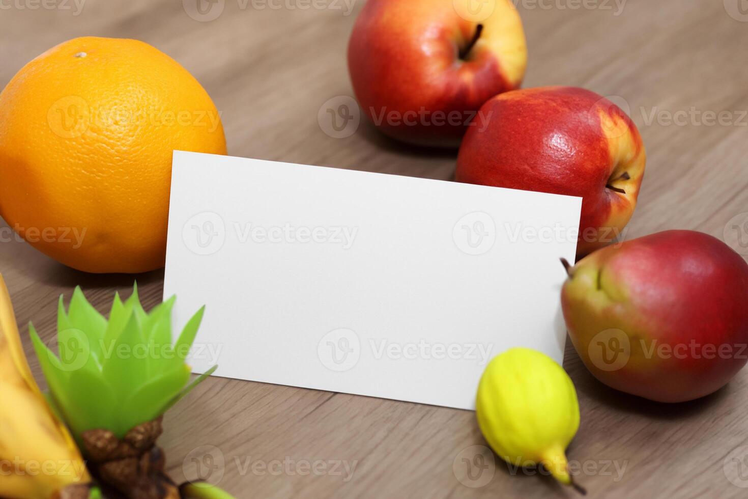 Card and White Paper Mockup Harmonized with Fresh Fruit, Crafting a Visual Symphony of Artful Design and Culinary Delight, Where Wholesome Ingredients Merge in a Feast of Vibrant Imagery photo