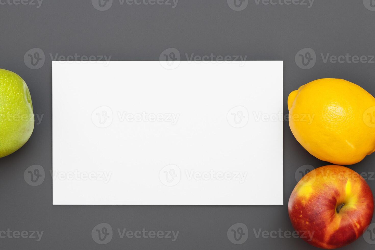 Card and White Paper Mockup Harmonized with Fresh Fruit, Crafting a Visual Symphony of Artful Design and Culinary Delight, Where Wholesome Ingredients Merge in a Feast of Vibrant Imagery photo