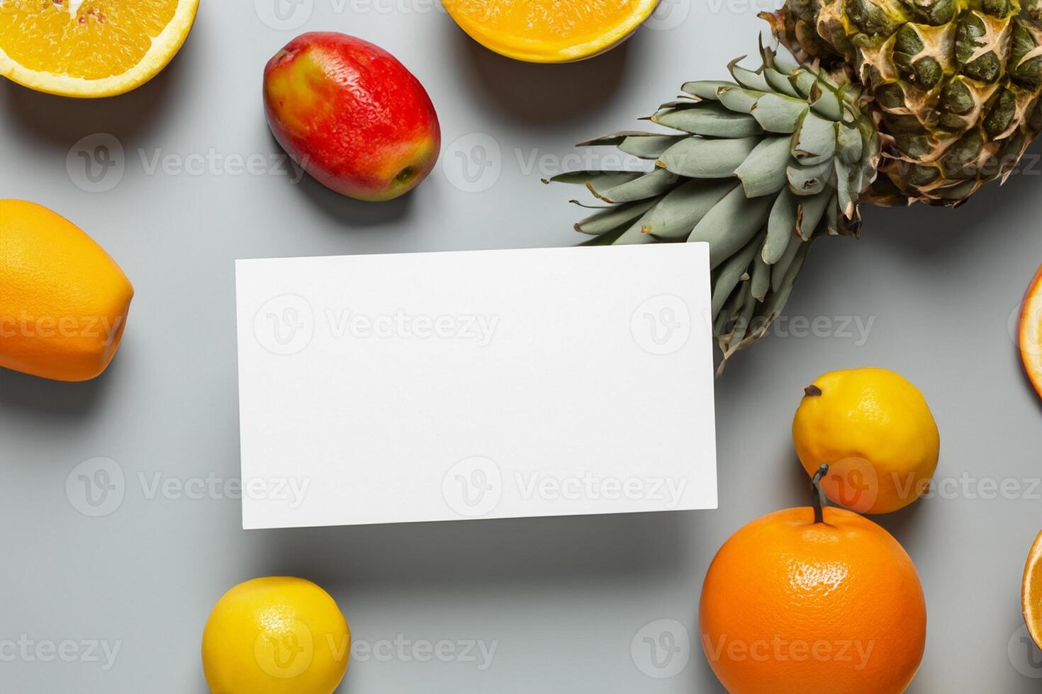 Card and White Paper Mockup Harmonized with Fresh Fruit, Crafting a Visual Symphony of Artful Design and Culinary Delight, Where Wholesome Ingredients Merge in a Feast of Vibrant Imagery photo